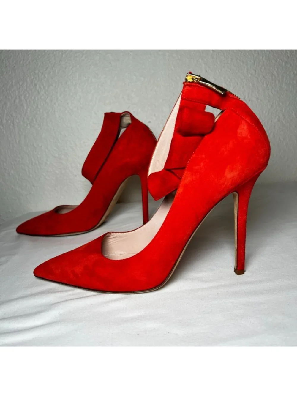 Kate Spade Levie Ankle Strap Bow Suede Stiletto Pumps Red Pointed Toe Size 10
